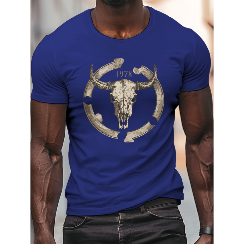 

Men's Polyester Crew Neck T-shirt - Geometric Bull Skull Print - Casual Summer Knit Fabric Short Sleeve Tee With Slight Stretch - Regular Fit