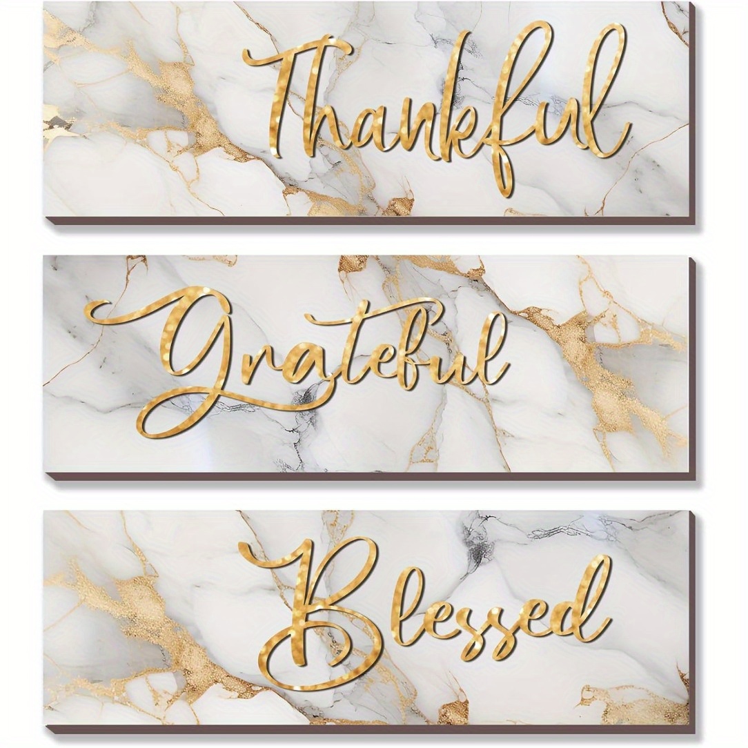 

3pcs Set Of White & Golden Wall Art - Inspirational Quotes ', , Blessed' In Marble Design For Decor, 4x10 Inches, Room Decor