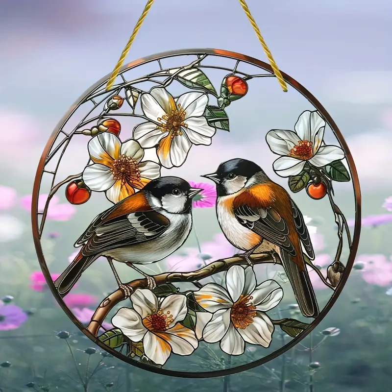 

1pc, Vibrant 2-bird Flower Suncatcher - Durable Acrylic Window Hanging Ornament With Round Sign, Garland Decor, And Holiday Gift Idea - Perfect For Porch, Wall, Room, And Home Decoration