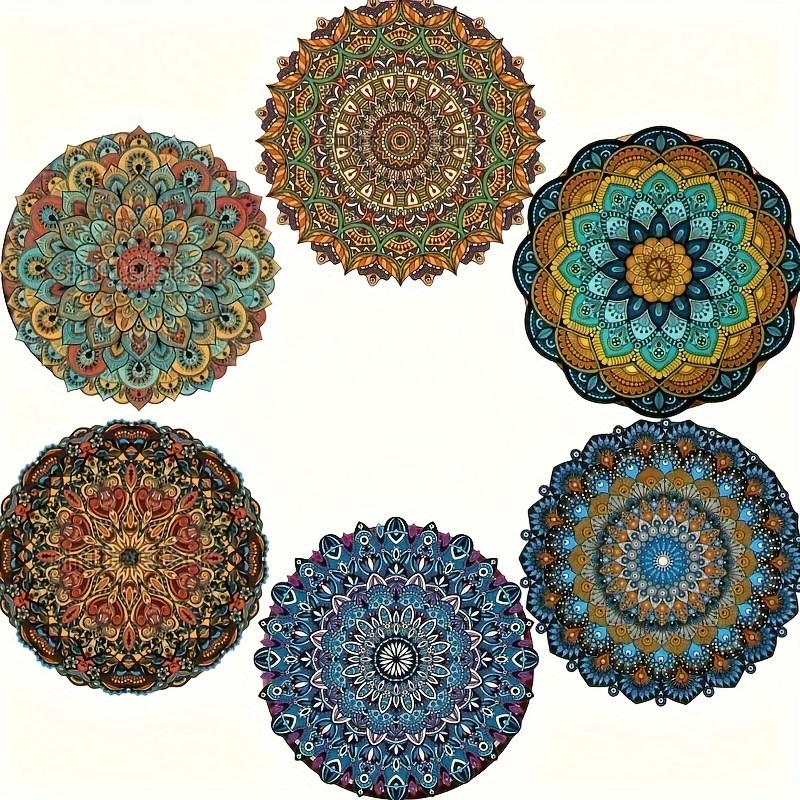 

6pcs Mandala Flower Coaster Set - Heat-resistant, Non-slip Wooden Drink Mats For Dining & Home Decor