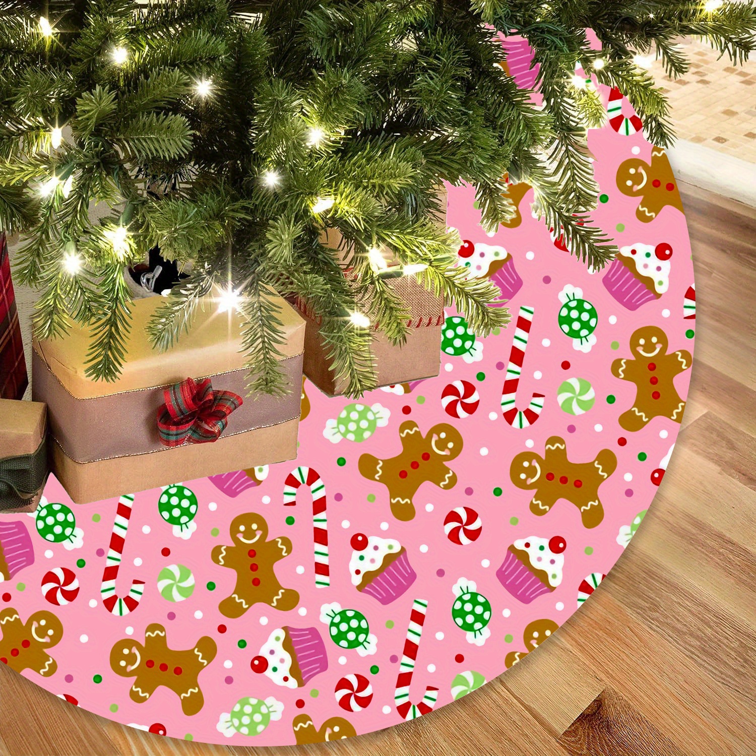 

Pink Gingerbread Candy Christmas Tree Skirt - 48" Farmhouse Decor, Polyester Holiday Ornament