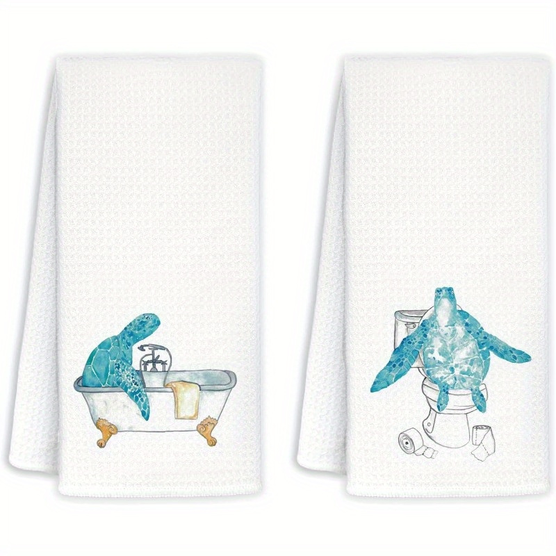 

2-pack Woven Polyester Hand Towels - Contemporary Super Soft Cartoon Turtle Bathroom Decor, Machine Washable, 18x26 Inches