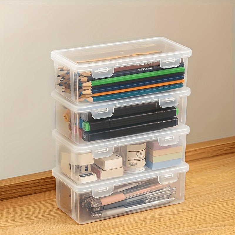 TEMU 4-pack Large Transparent Plastic Storage Boxes With Hinged Lids - Ideal For Pens, Pencils, And Markers, Perfect Office And School Supplies Organizer, Desk Storage Containers