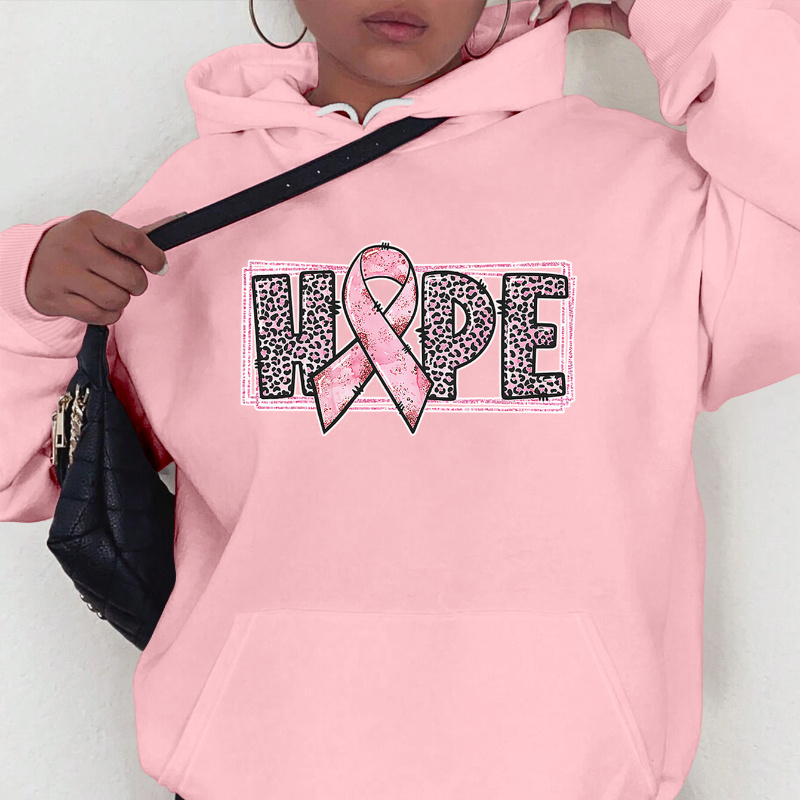 

Women's Pink Hope Sweatshirt With Leopard Print And , Casual Pullover Hoodie With Pockets, Stretch Polyester, Knit Fabric, All-season Fashion, Breast Cancer Awareness