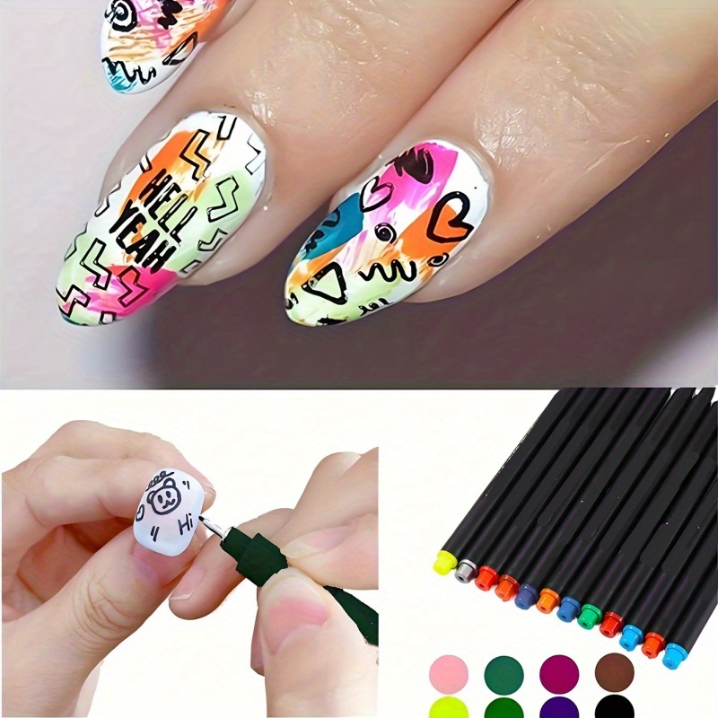 

12-color Nail Kit: Hypoallergenic Graffiti & Dotting Pens, Eyeliner Brushes For Diy Designs - Fragrance-free, Battery-free