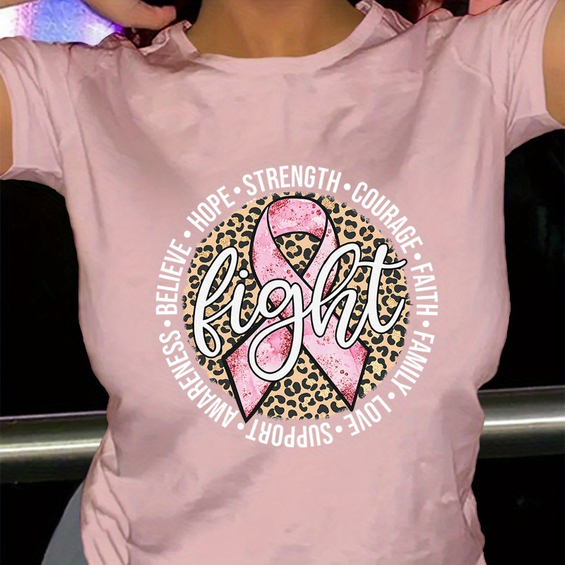 

Breast Cancer Awareness Leopard Print Ribbon Graphic T-shirt, Women's Crew Neck Tee, Inspirational Fight Words, Polyester & Spandex Blend, Medium Stretch, Spring/summer Knit Top