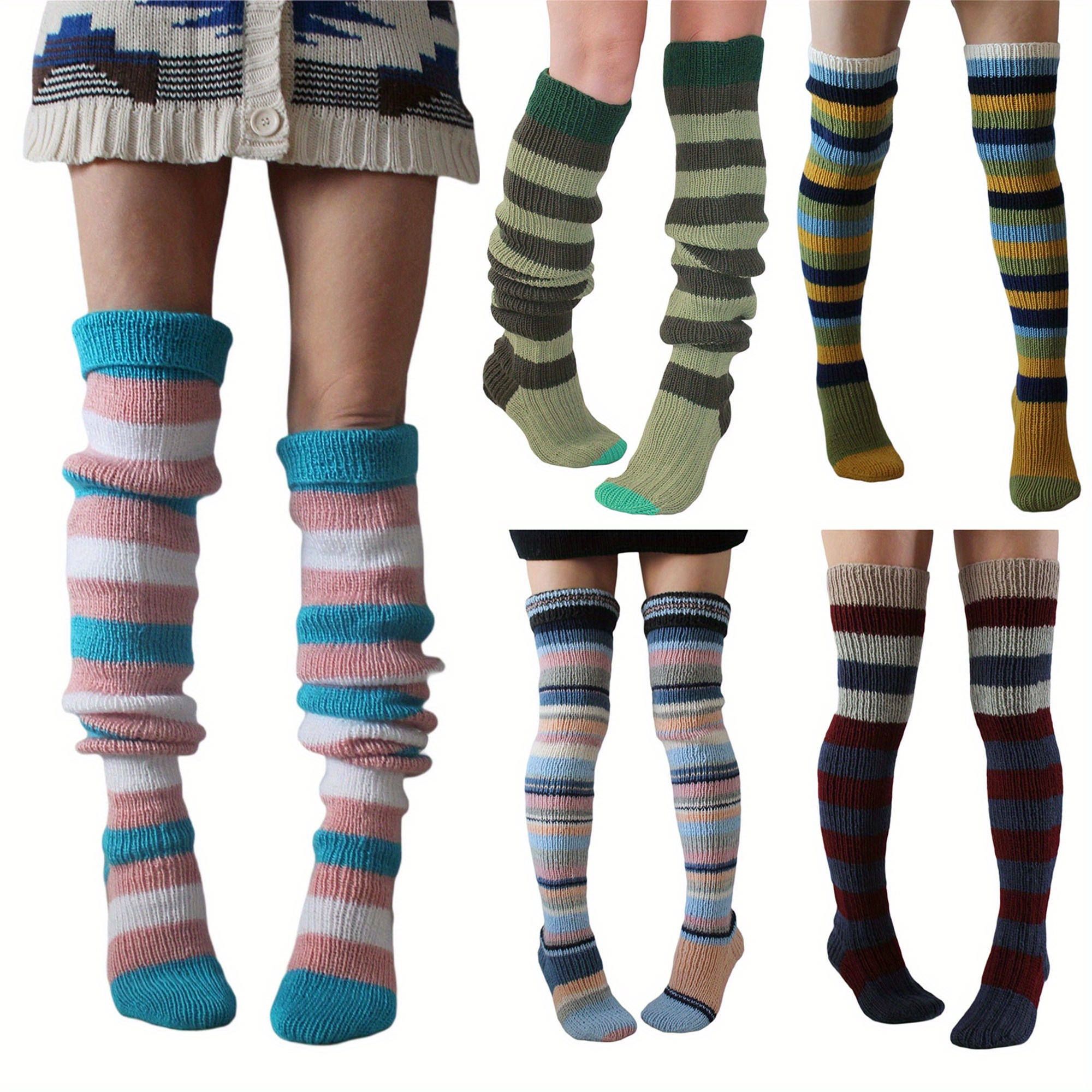 

Ladies Knitted Stockings, Adults Women Autumn Winter Style Mixed Color Stripes Knee-high Socks Long Stockings