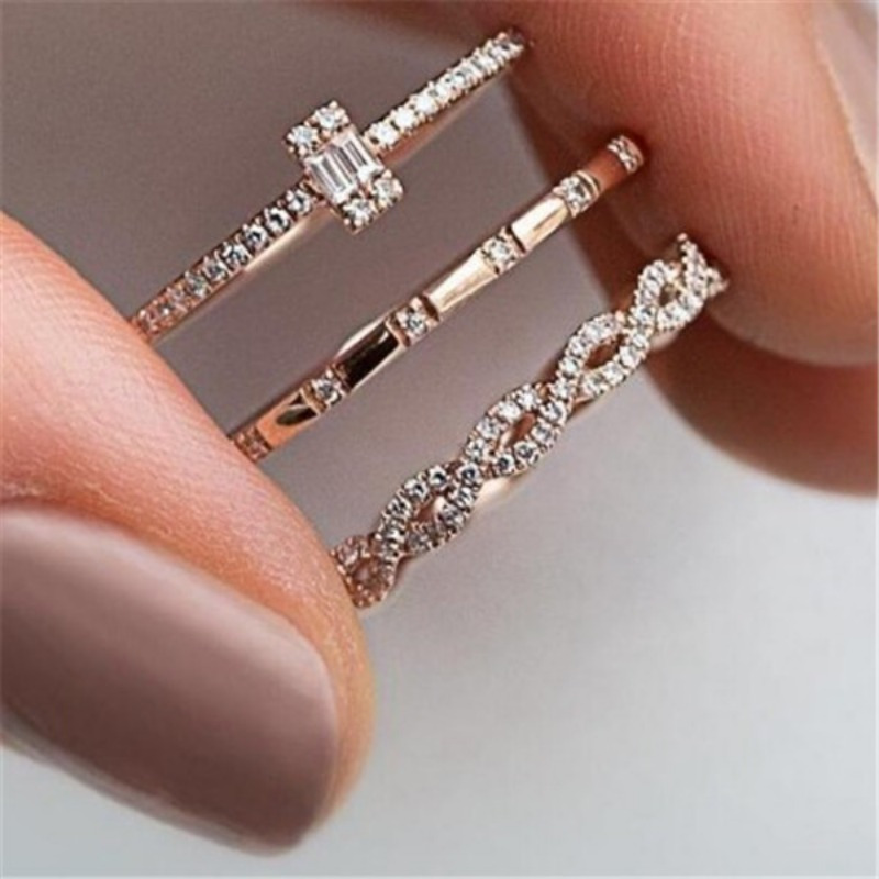 3pcs Rose Golden Stacking Rings Synthetic Zirconia Inlay, Cute & , Trendy Design, Wide Band Fashion Rings For Evening Parties, Perfect Gift For Dates