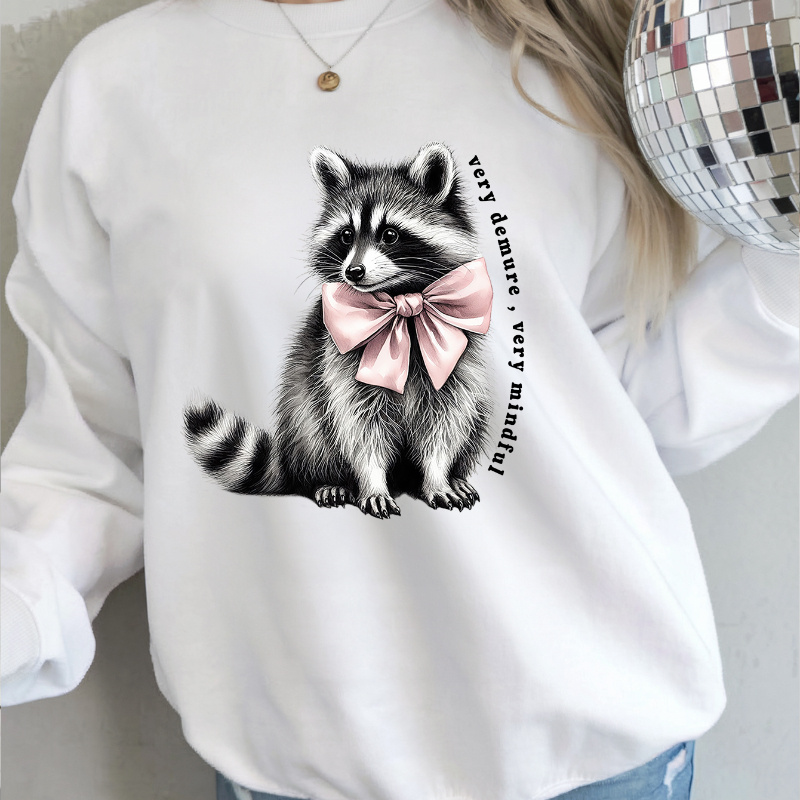 

Raccoon With Bow Tie Cartoon Sweatshirt - Casual Polyester Hoodie With Round Neck, Knit Fabric, Fall/winter Collection