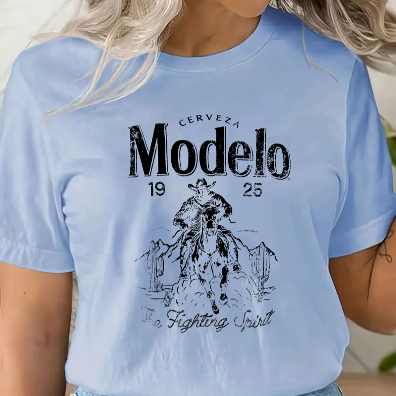 

Modelo Inspired Graphic T-shirt - 100% Polyester Casual Crew Neck Tee With Slight Stretch Fabric, Knit Weave, All-season Fashion Short Sleeve Top With No Details