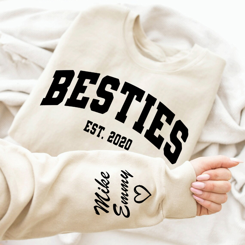 

Custom Besties Graphic Print Crew Neck Sweatshirt, Casual Long Sleeve Knit Top, Polyester 95%, Elastane 5%, All Season Pullover - Pb308