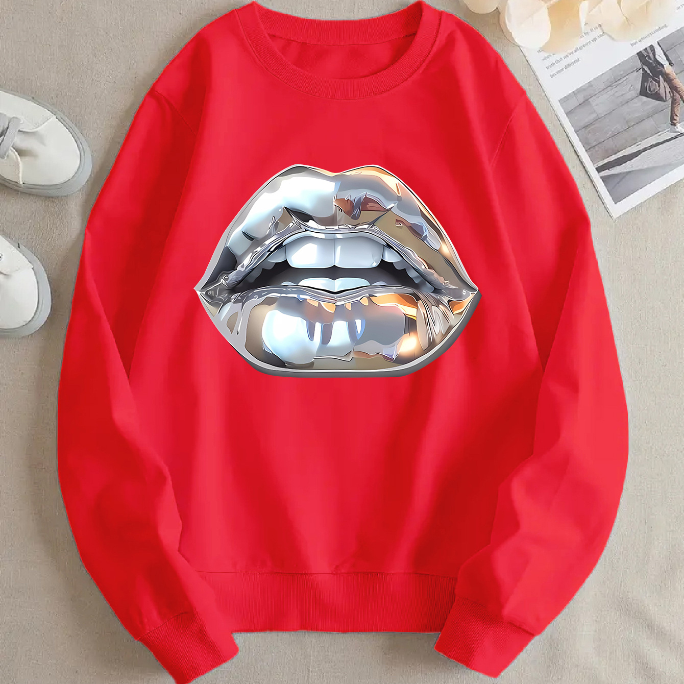 

Cartoon Silver Lips Print Sweatshirt For Women, Casual Round Neck Pullover Hoodie, Polyester Knit Fabric, Spring/fall Collection