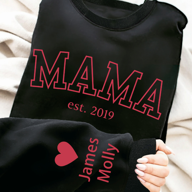 

Sweat-shirt ras du cou graphique personnalisé Mama Est. 2019 - Pullover décontracté en tricot à manches longues avec motif alphabétique, tissu 95 % polyester 5 % élasthanne - Confort toutes saisons