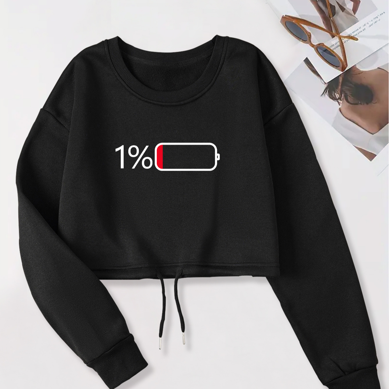 

Women's Casual 1% Battery Print Crop Sweatshirt Polyester Knit Fabric Crew Neck Pullover With Slight Stretch For Spring/summer/fall