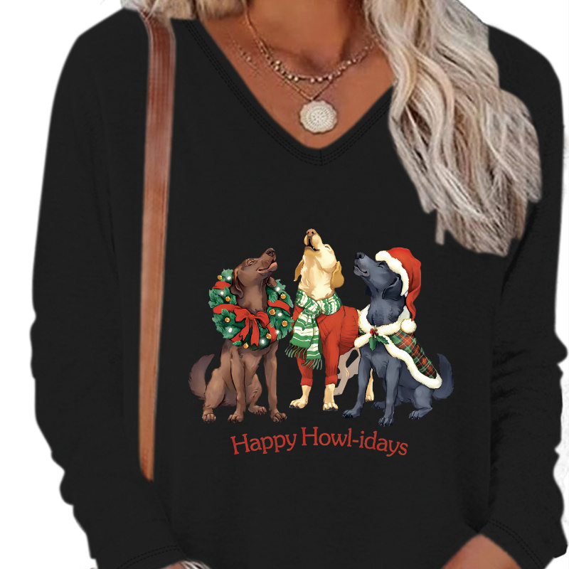 

Women's Casual V-neck T-shirt With Christmas Alphabet Print - Long Sleeve, Stretchy Polyester , Machine Washable - Fall & Winter