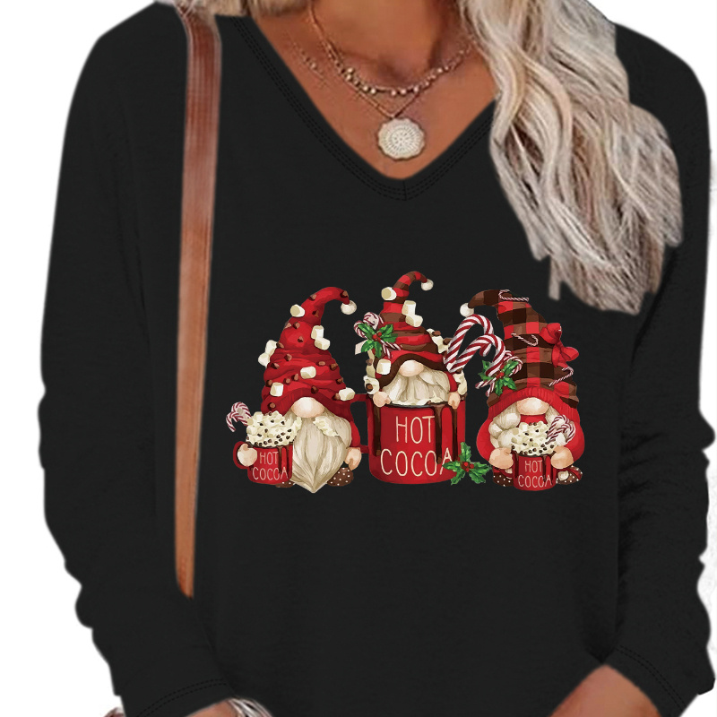 

Women's Casual V-neck T-shirt With Festive Christmas Gnome Print - Long Sleeve, Stretchy Polyester Blend, Machine Washable - Perfect For Fall & Winter