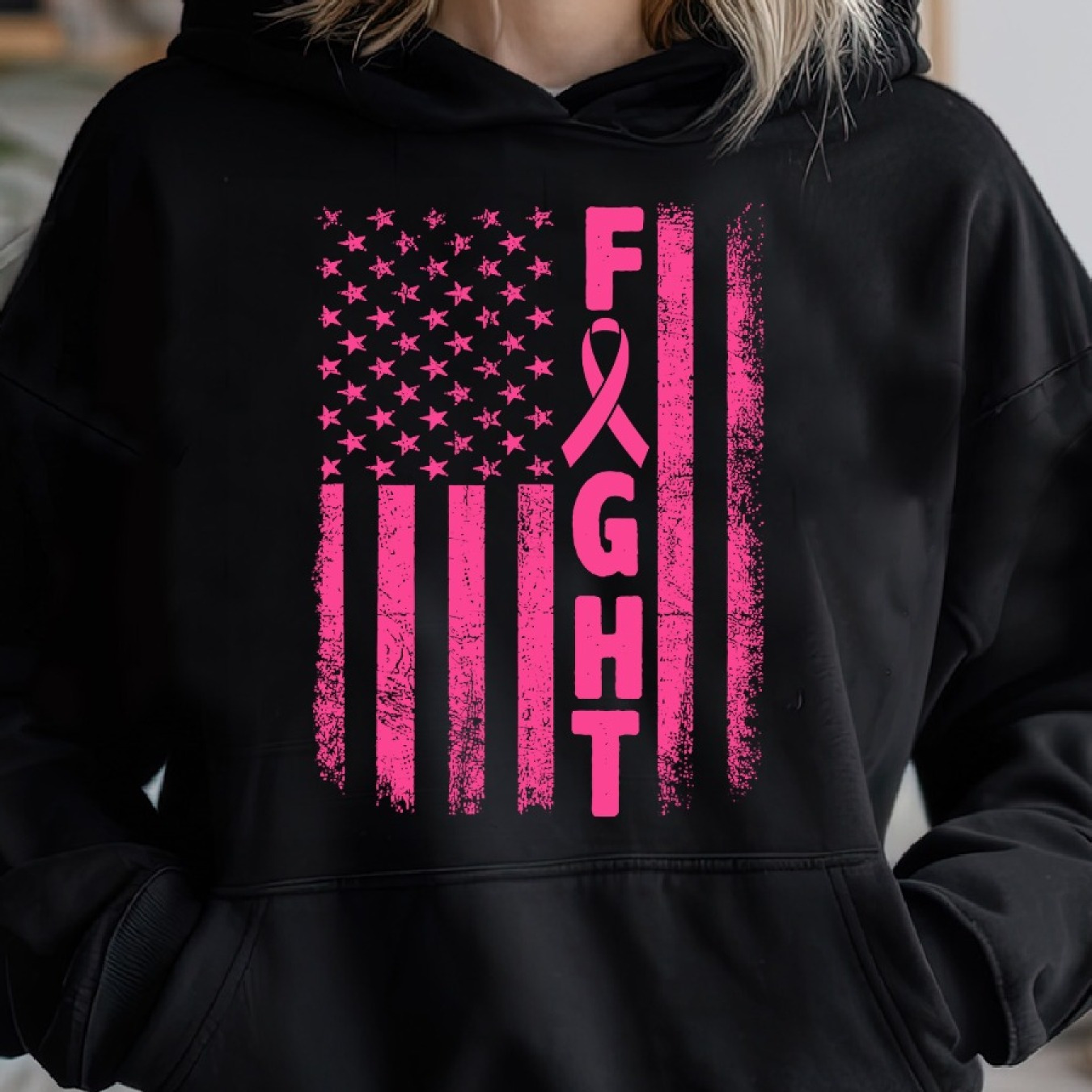 

Fight Breast Survivor American Flag Breast Awareness Woman's Cozy Pullover Hoodie, Casual Long Sleeve Crew Neck Hoodie