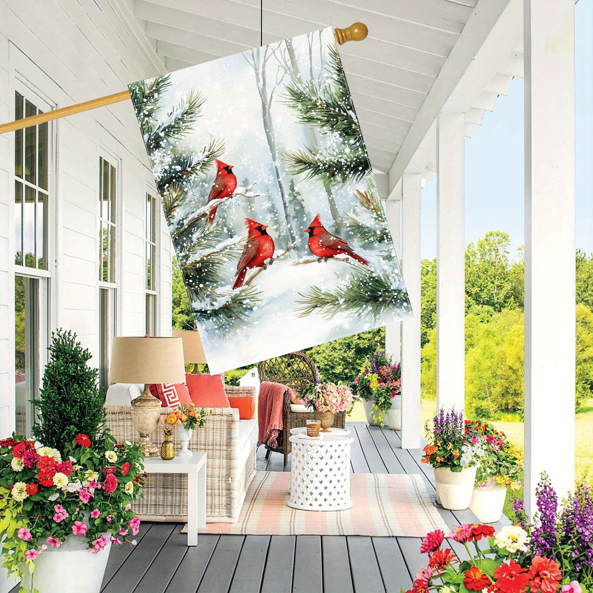 

Winter Pine Tree Red Bird Garden Flag - Double Sided Polyester Outdoor Decoration For Lawn, Patio, Courtyard - 28x40 Inches - No Electricity Needed