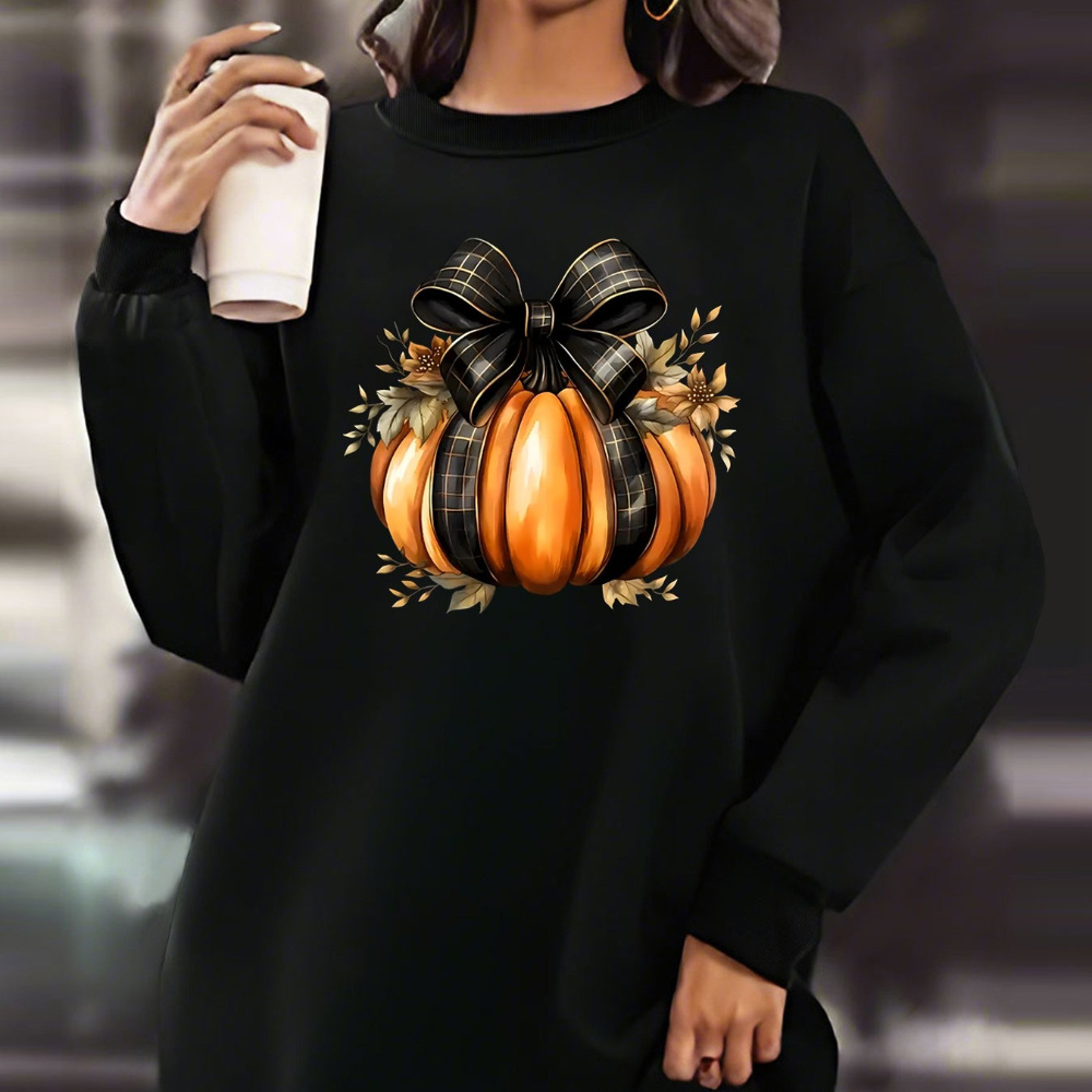 

Women's Cozy Fleece-lined Sweatshirt Dress With Halloween Pumpkin Print - Casual Long Sleeve, Round Neck For Fall/winter