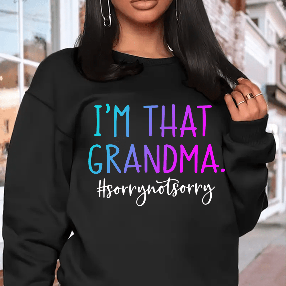 

Plus Size Casual Crew Neck Sweatshirt, Polyester Knit Fabric With Slight Stretch, Long Sleeve Pullover, With "i'm That Grandma" Print, For Fall/winter