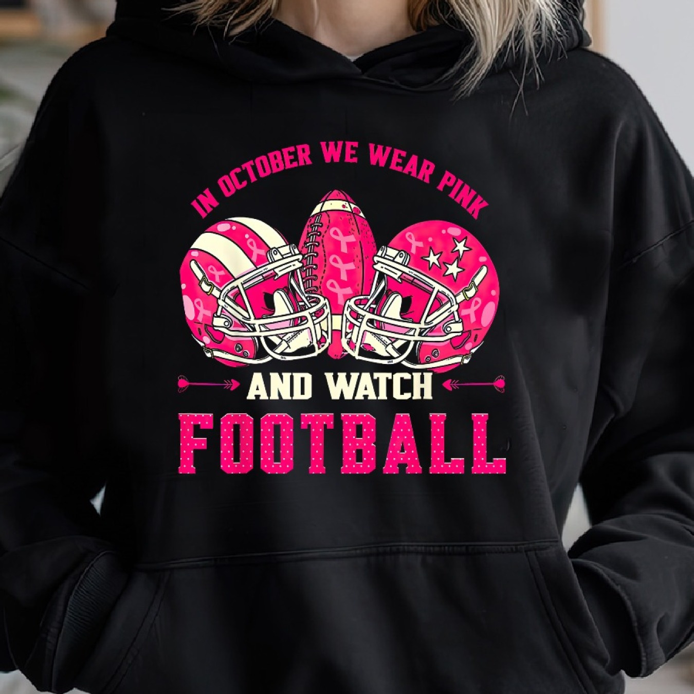 

In And Watch Football Breast Woman's Cozy Pullover Hoodie, Casual Long Sleeve Crew Neck Hoodie