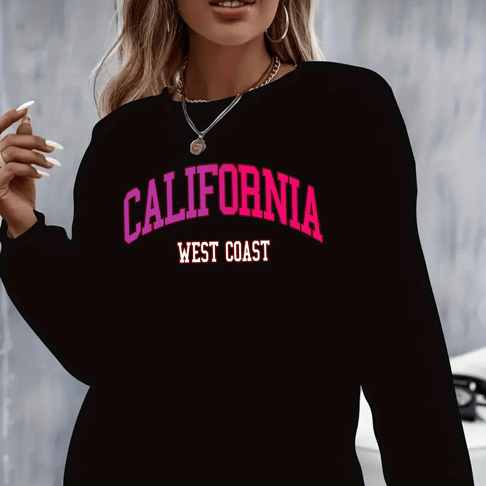 

Plus Size California West Graphic Sweatshirt - 100% Polyester Knit Fabric, Casual Crew Neck Pullover With Stretch For Fall/winter