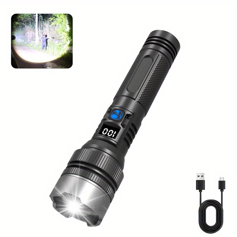 Flashlight, Digital Aluminum Alloy Flashlight - Usb Rechargeable, Extendable, Used For Emergency Lighting Ip66