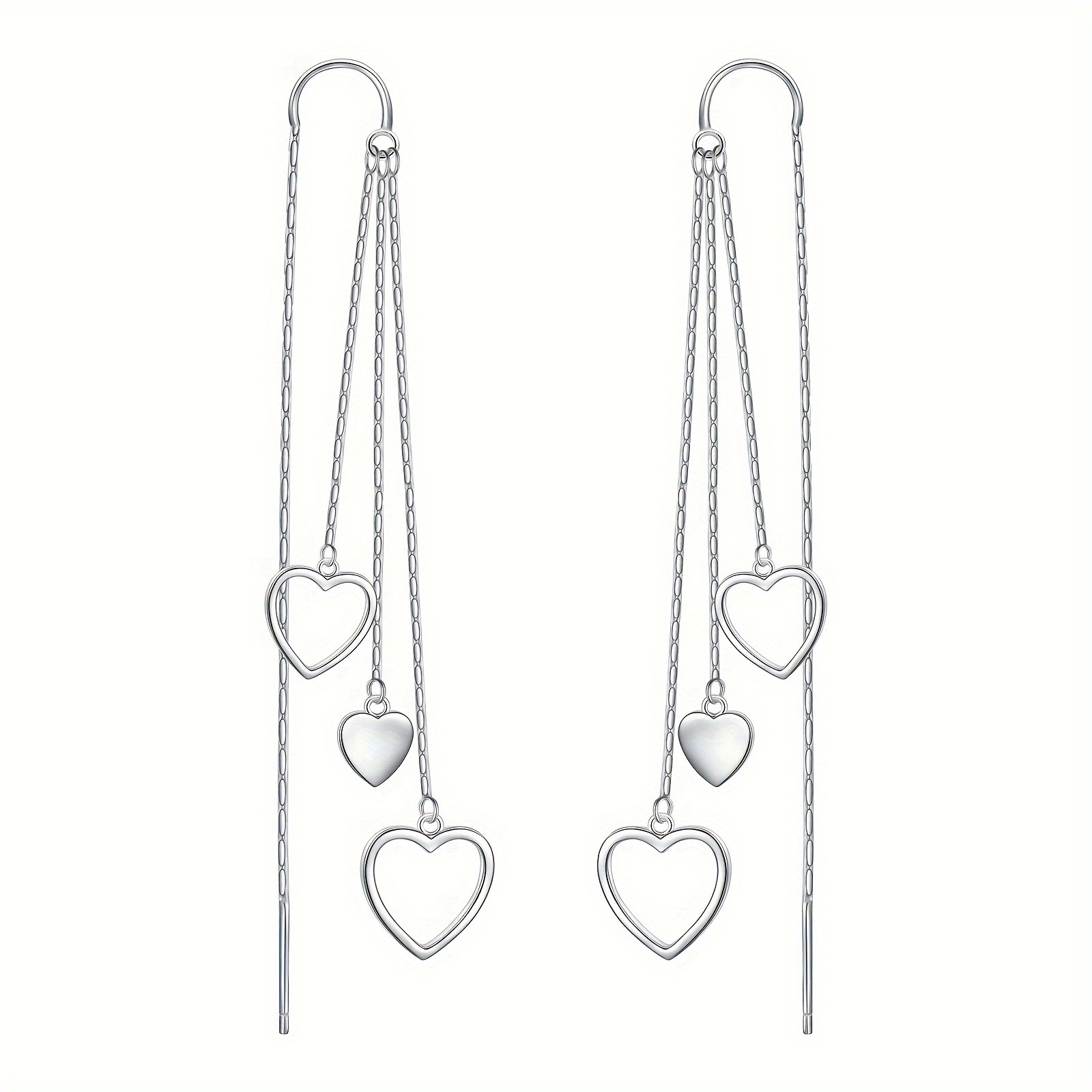 TEMU Sterling Silver Threaded Earrings Heart Tassel Dangle Drop Long Chain Earrings Jewelry Gifts For Women