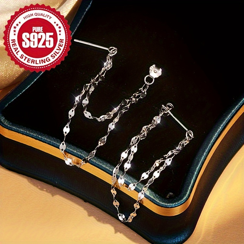 

1 Pair Of 925 Sterling Silver About 0.66g Women's Double Lip Chain Earrings, Hypoallergenic Style, Classic Daily Jewelry Accessories.