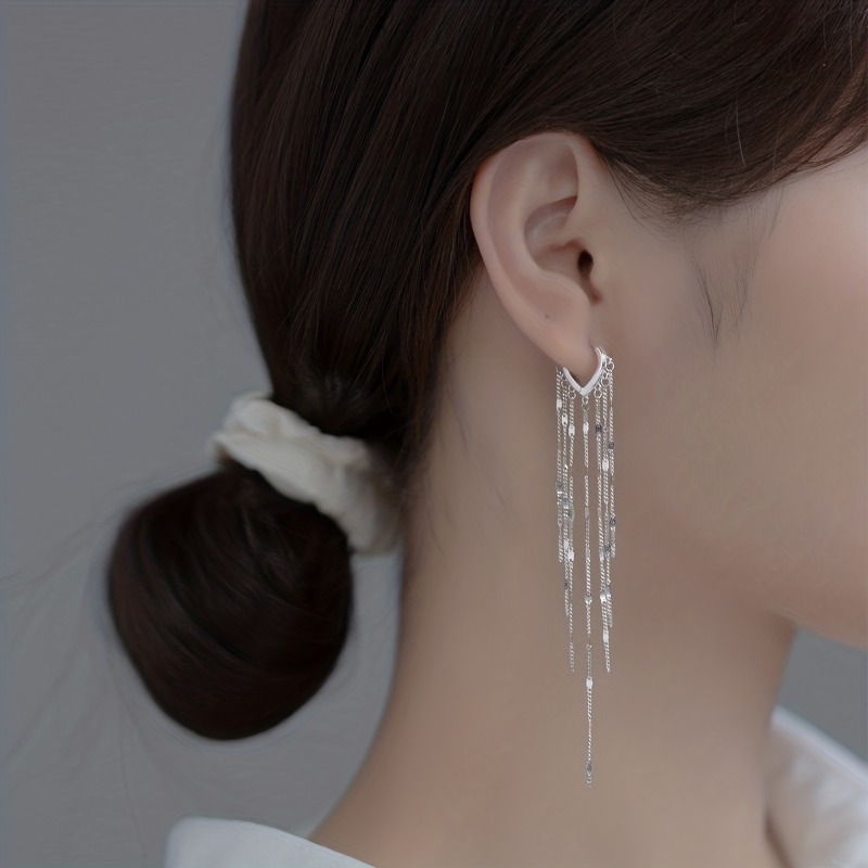 

S925 Sterling Silver Ear Buckles, Heart-shaped Long Tassel Earrings, Elegant Fashionable Jewelry