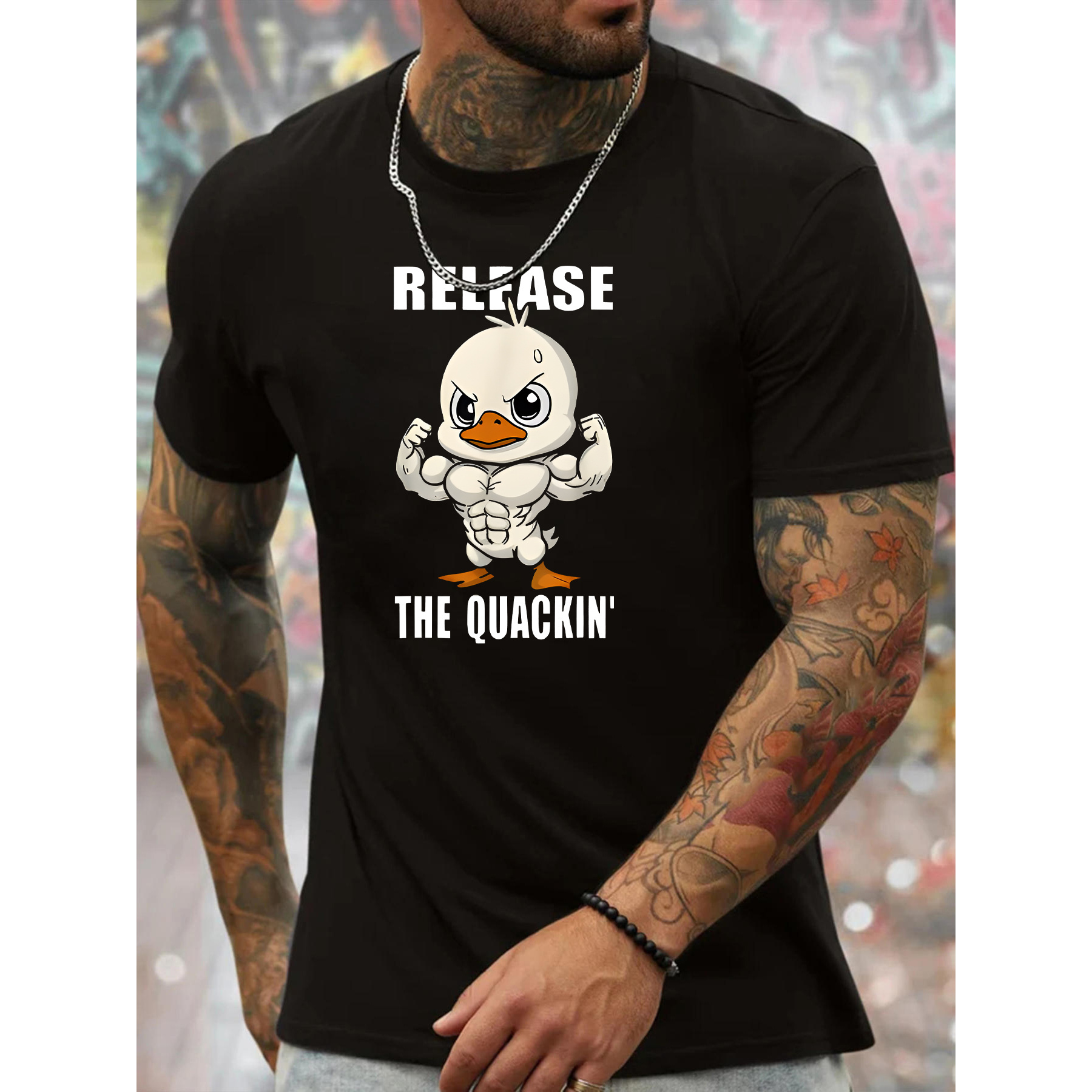 

Men's Polyester Crew Neck T-shirt With "'" Duck Bodybuilder Print - Casual Short Sleeve Knit Top For Daily Wear & Summer - Regular Fit Geometric Pattern Tee