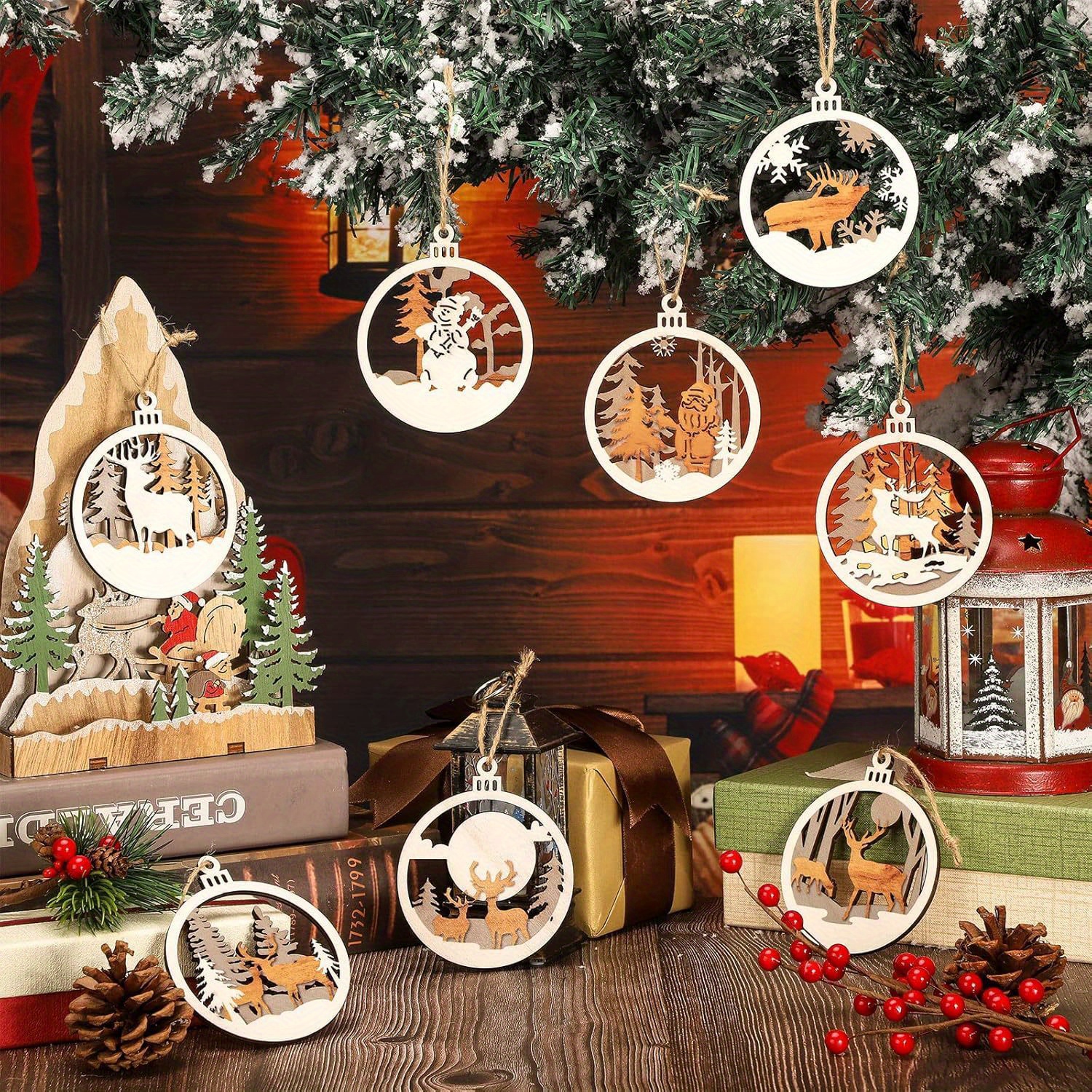 

8- Christmas Tree Ornaments - Wooden Hanging Decorations For , Intricate - Wood Pendants , Included