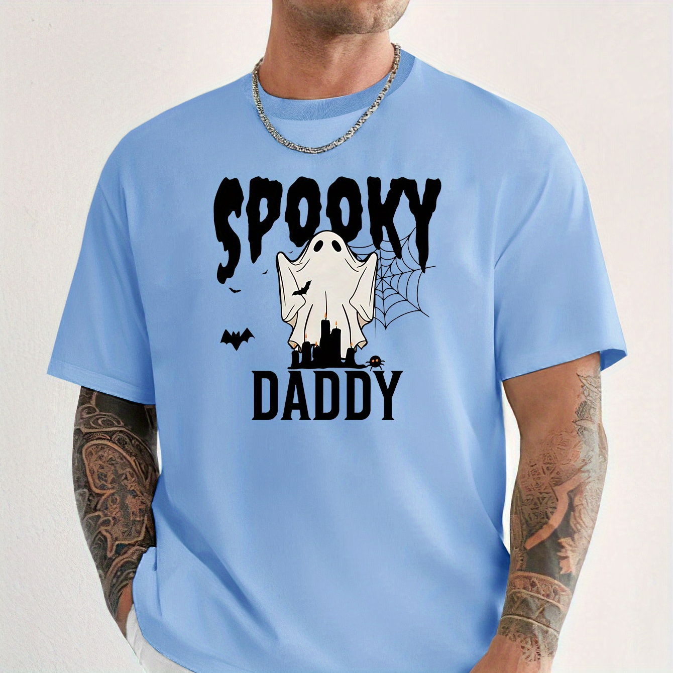 

Spooky Daddy Bat Motif Crew Neck T-shirt - Men's Casual Short Sleeve Polyester Knit Tee With Ribbed Detail And Slight Stretch For Summer