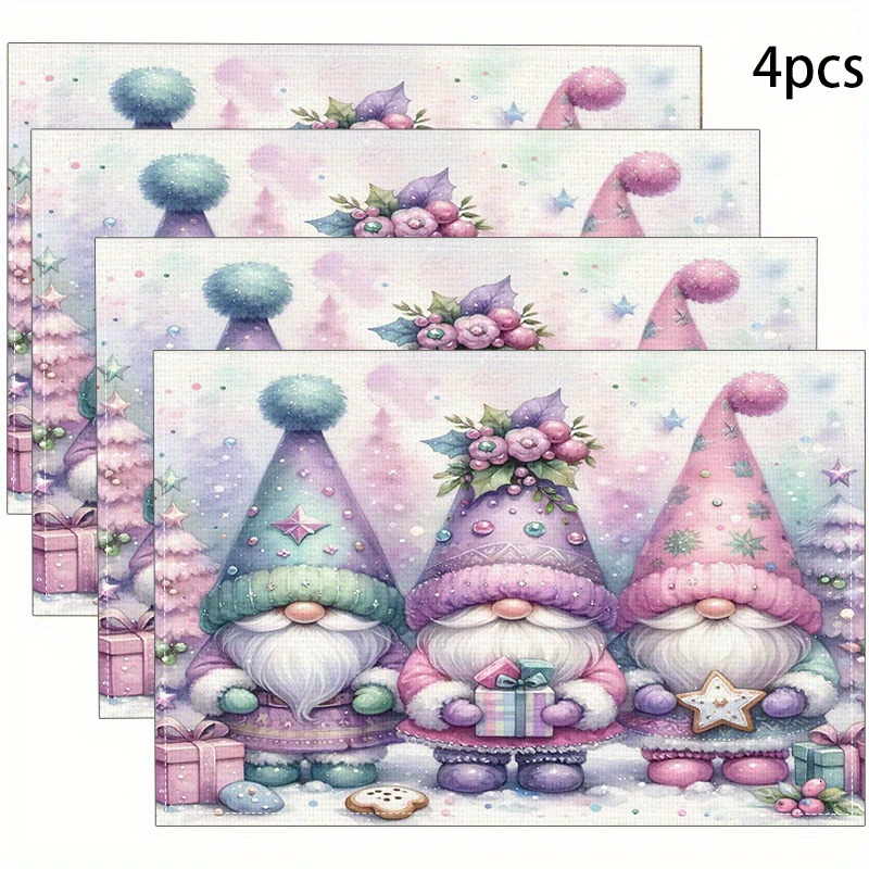 

4pcs Christmas Gnome Table Mats, Linen Placemats, Modern Dining Table Pads, Heat-resistant, Square, Machine Washable, Home Kitchen Decor