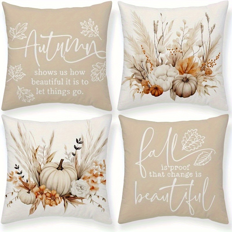Image of Modern Pillowcase 4pcs Set, Machine Washable, Autumn Watercolor Pumpkin Wheat Print, Zipper Closure, Suitable For Room Types, Farmhouse Decor Cushion Covers 18x18 Inches