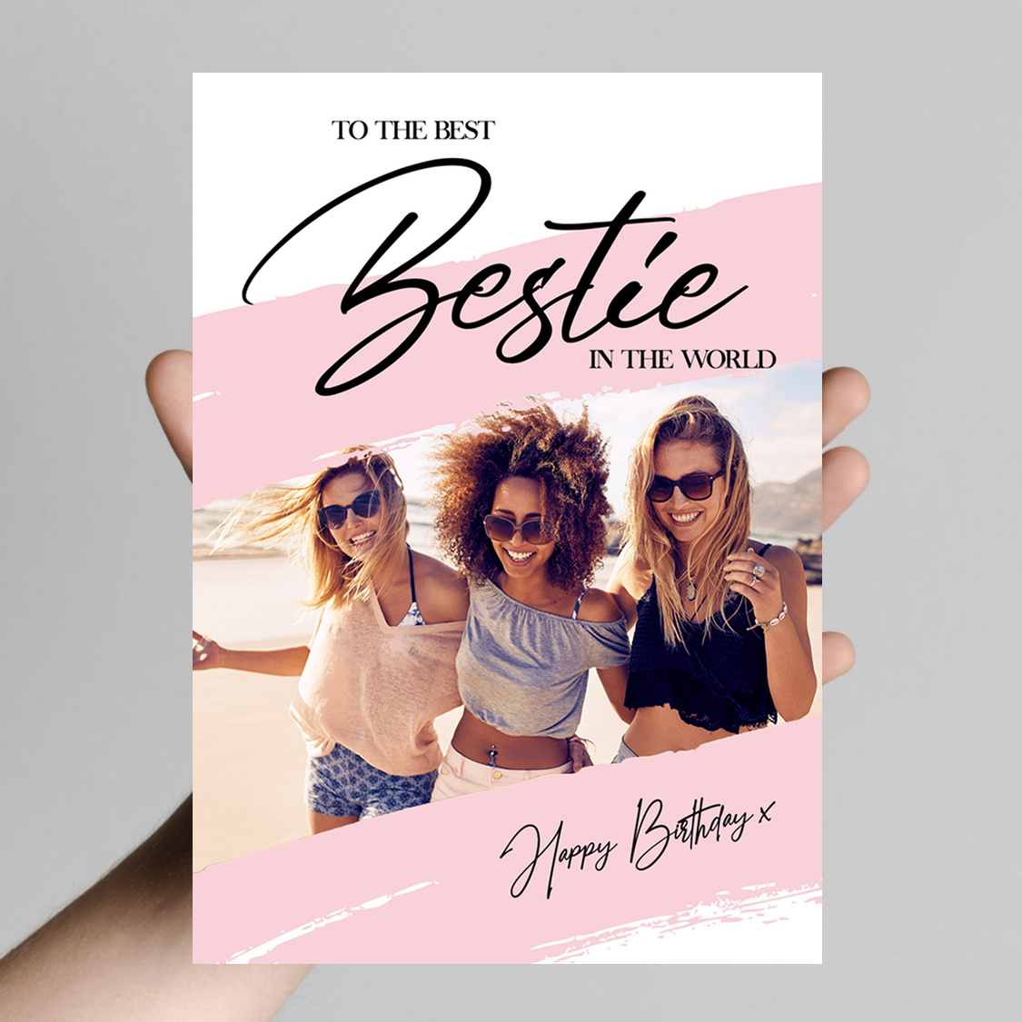 TEMU Bestie Happy Birthday Card With Envelope – Pink Customizable Photo Greeting Card For , High-quality Paper, Personalized Keepsake For Special
