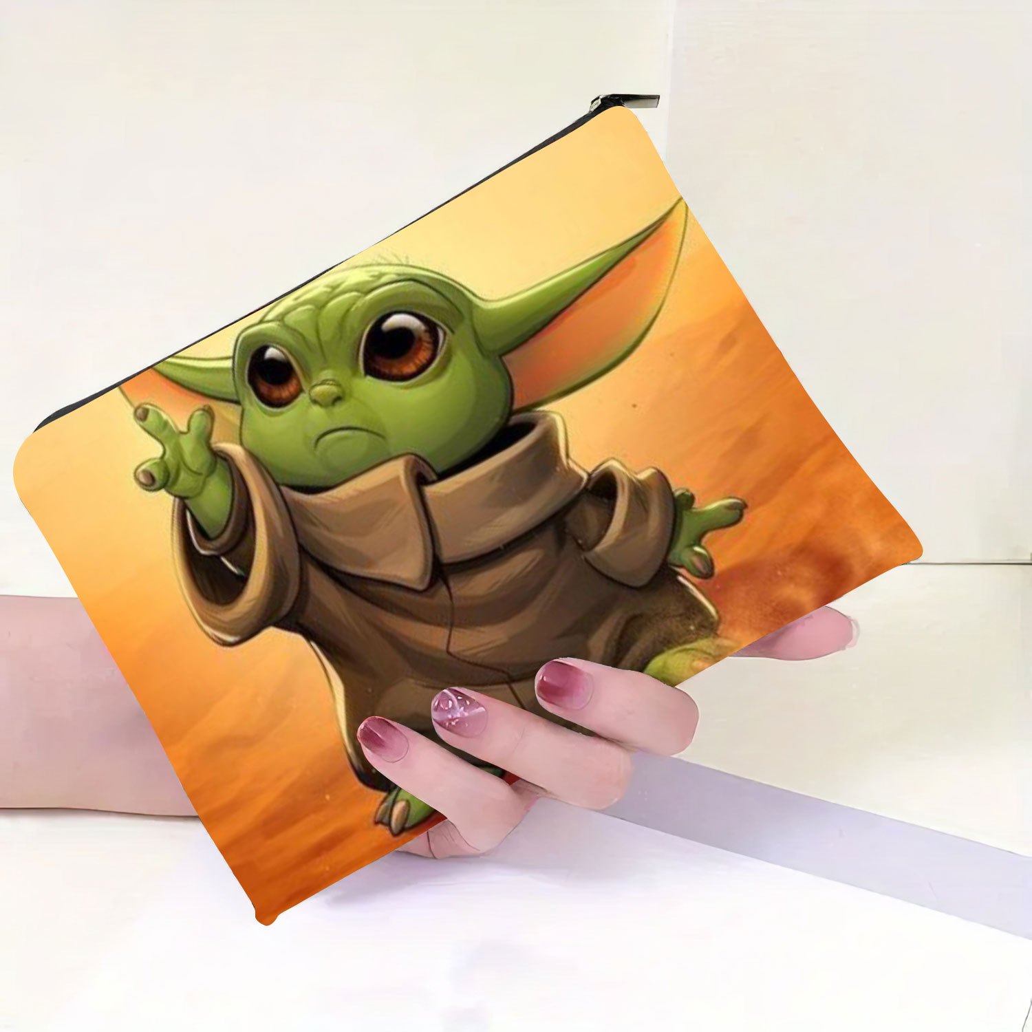 Yoda-Themed Cosmetic Bag - Waterproof Linen, Lightweight &amp; Foldable Makeup Organizer with Zipper - Ideal Holiday Gift for Sisters