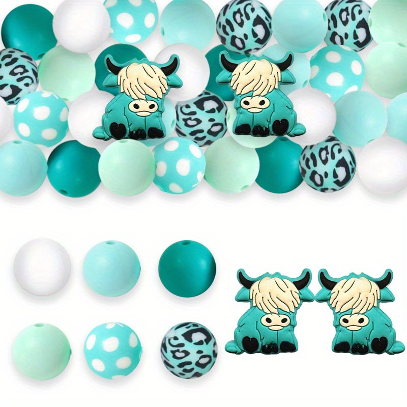 

40-piece Turquoise Silicone Beads Set, Highland Cow Animal-shaped Beads, Multicolor Polka Dot & Cow Print Spacer Beads For Diy Necklace, Bracelet, Keychain, & Christmas Craft Making