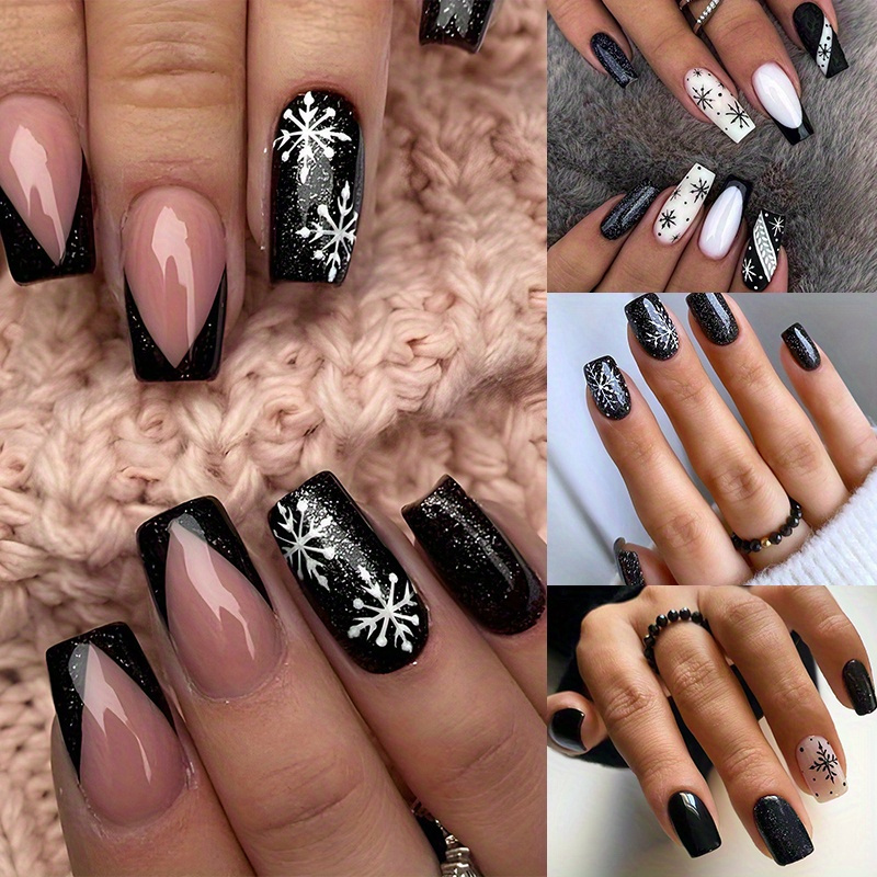 

96 Pieces (4 Pieces) Christmas Square Wear Nail, Short Black Glitter Snowflake Fake Nails, With Patterned Gloss Nail Glue Full Acrylic, Suitable For Women