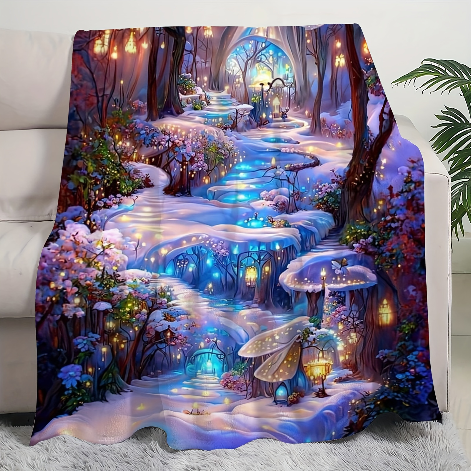 

1 Pc A Forest Snow Scene Print Blanket, Soft And Warm, Suitable For Sofa Office Bed Camping Travel, Multi-purpose Gift Blanket, Suitable For All Seasons