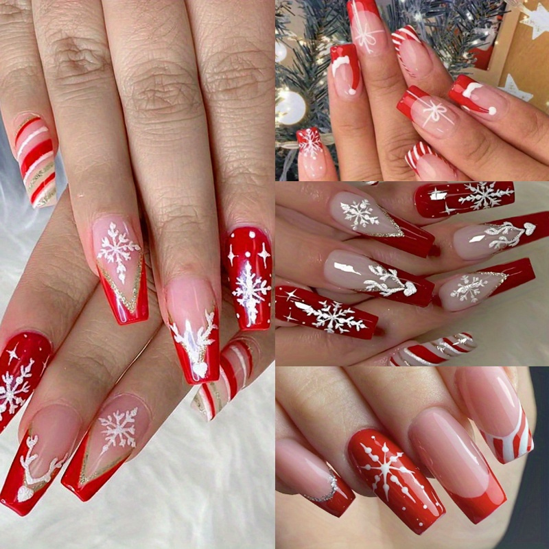 

96pcs 4pack Christmas Decorations Red Short Square Wearing Nail, Snow Santa Red Glitter Fake Nails, Full Set Of Acrylic Artificial Nail Art Nail Supplies