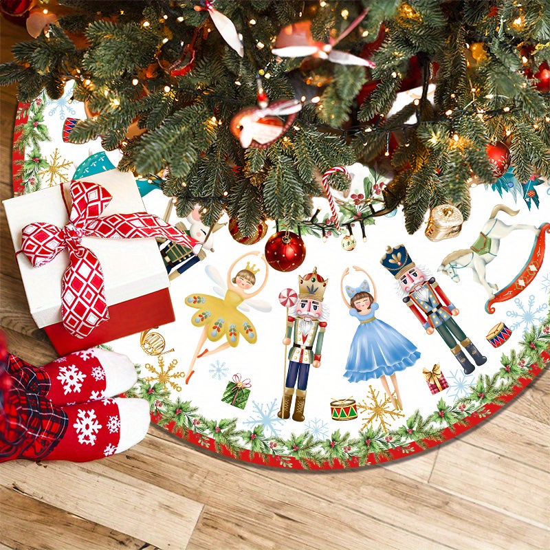 

48in Vibrant Nutcracker Christmas Tree Skirt With Wreath - Classic Polyester Holiday Decor For Indoor & Outdoor,