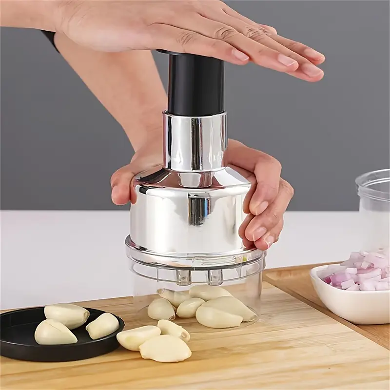 1pc manual garlic press food chopper heavy duty ps plastic multi function hand powered kitchen tool for garlic onions vegetables herbs nuts compact easy for use garlic crusher nut chopping transparent chopping container stainless steel blades Product details 0