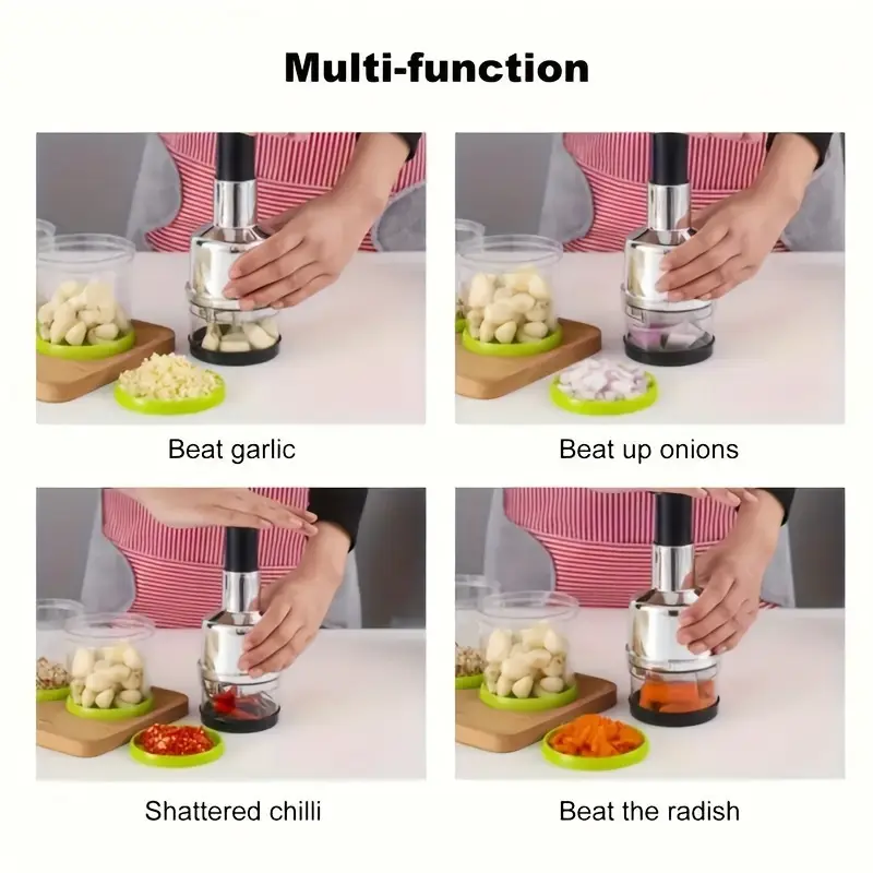 1pc manual garlic press food chopper heavy duty ps plastic multi function hand powered kitchen tool for garlic onions vegetables herbs nuts compact easy for use garlic crusher nut chopping transparent chopping container stainless steel blades Product details 1