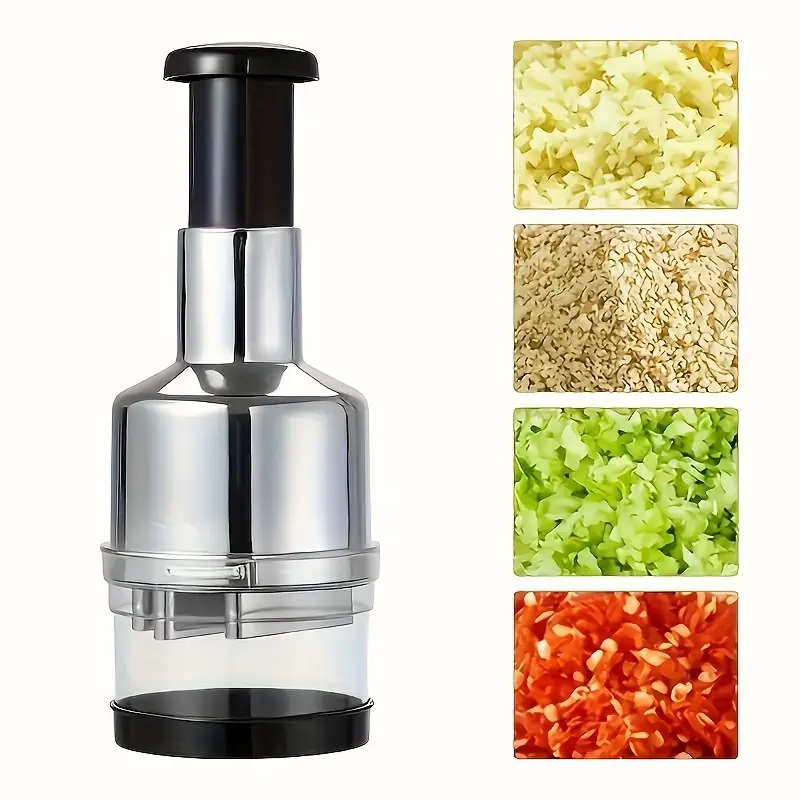 1pc manual garlic press food chopper heavy duty ps plastic multi function hand powered kitchen tool for garlic onions vegetables herbs nuts compact easy for use garlic crusher nut chopping transparent chopping container stainless steel blades Product details 2