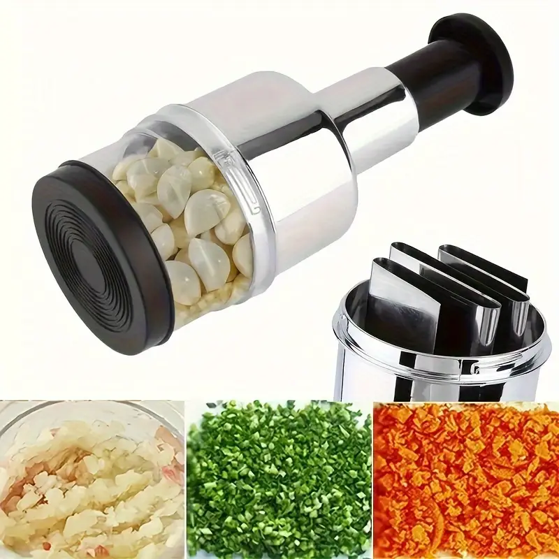 1pc manual garlic press food chopper heavy duty ps plastic multi function hand powered kitchen tool for garlic onions vegetables herbs nuts compact easy for use garlic crusher nut chopping transparent chopping container stainless steel blades Product details 3