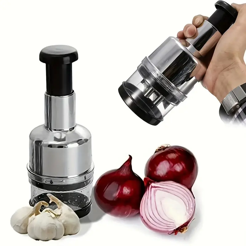 1pc manual garlic press food chopper heavy duty ps plastic multi function hand powered kitchen tool for garlic onions vegetables herbs nuts compact easy for use garlic crusher nut chopping transparent chopping container stainless steel blades Product details 4