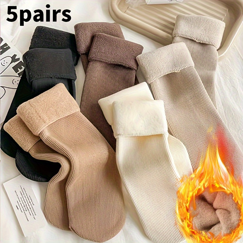 

5pcs Cozy Fleece-lined Winter Socks For - Soft, Warm, And Odor-resistant In Earthy Tones,