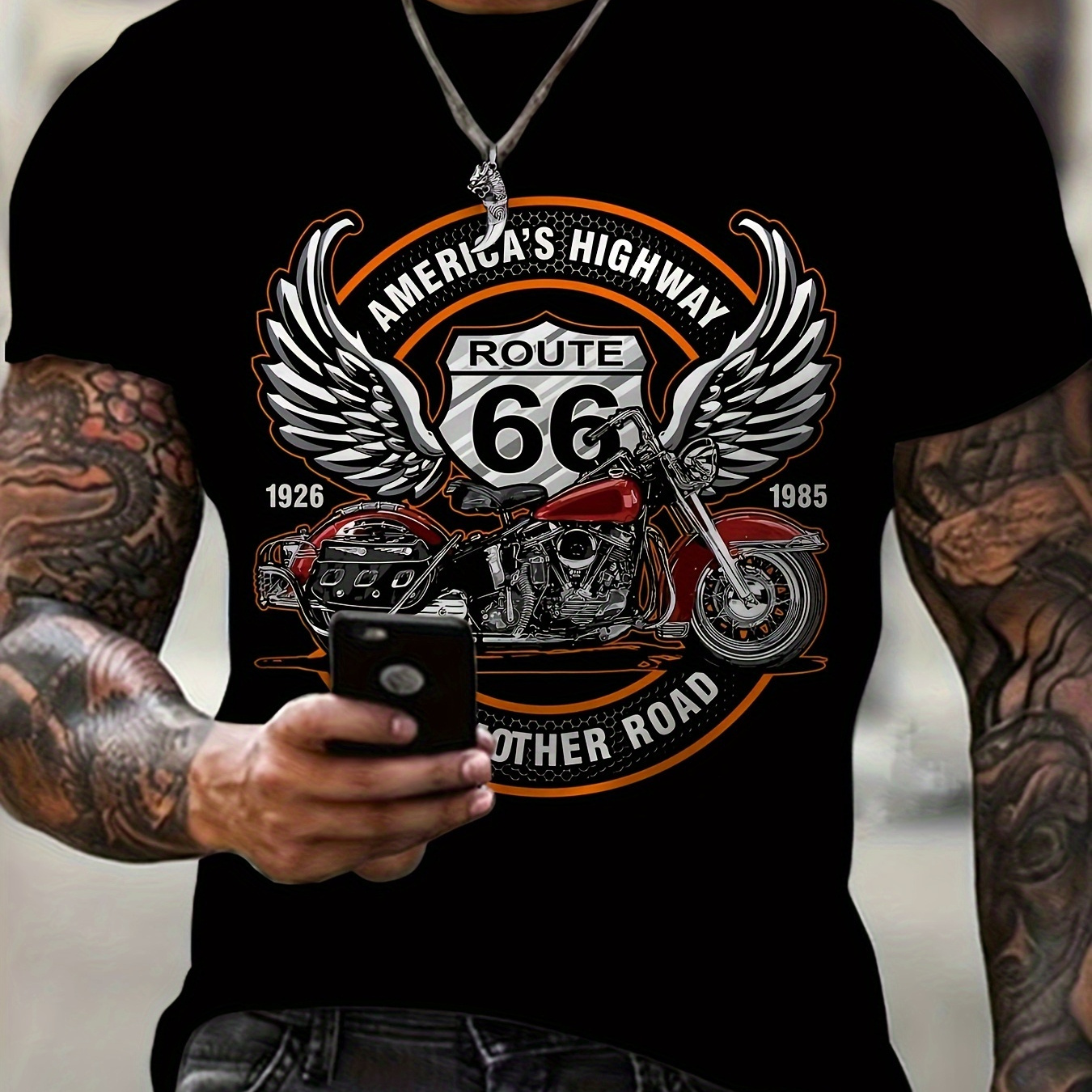 

Men's T-shirt, Men's Personality, 3d Route 66 Motorcycle Print, Men's Outdoor Casual Top, Comfort And Fashion Coexist