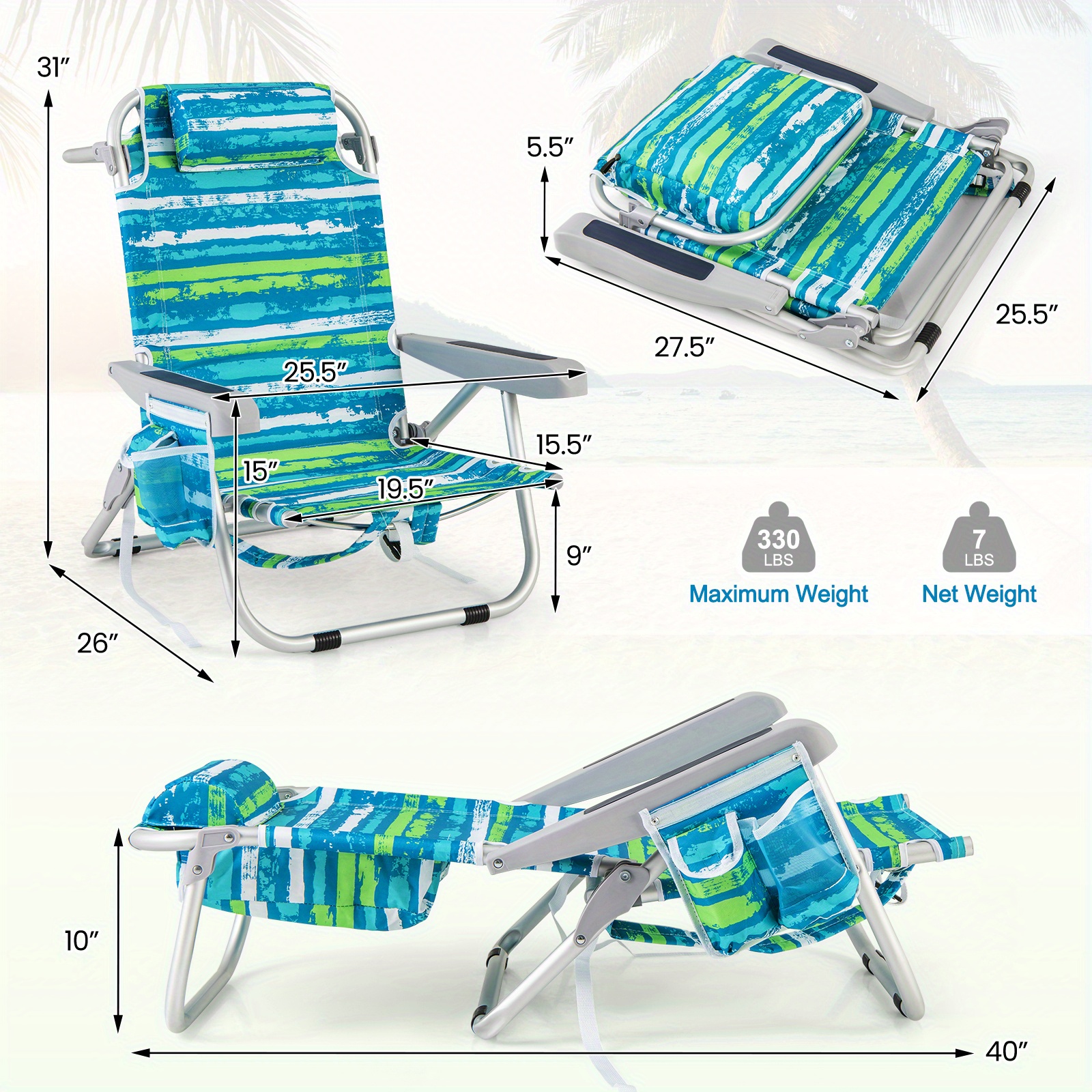   backpack beach chair foldable 5 position lay flat lounge chair   holder storage pockets shoulder straps towel rack head pillow portable camping chair for outdoor
